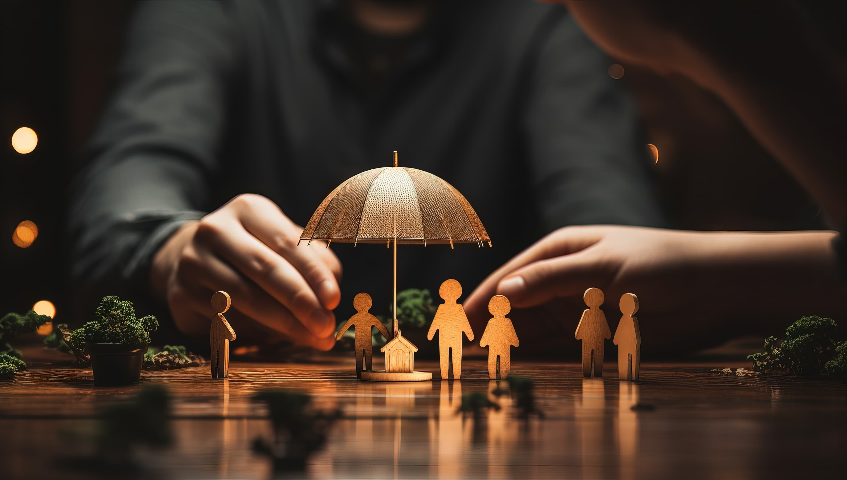 Holzfiguren unter Holzsonnenschirm auf Spielbrett. Mensch im Hintergrund.