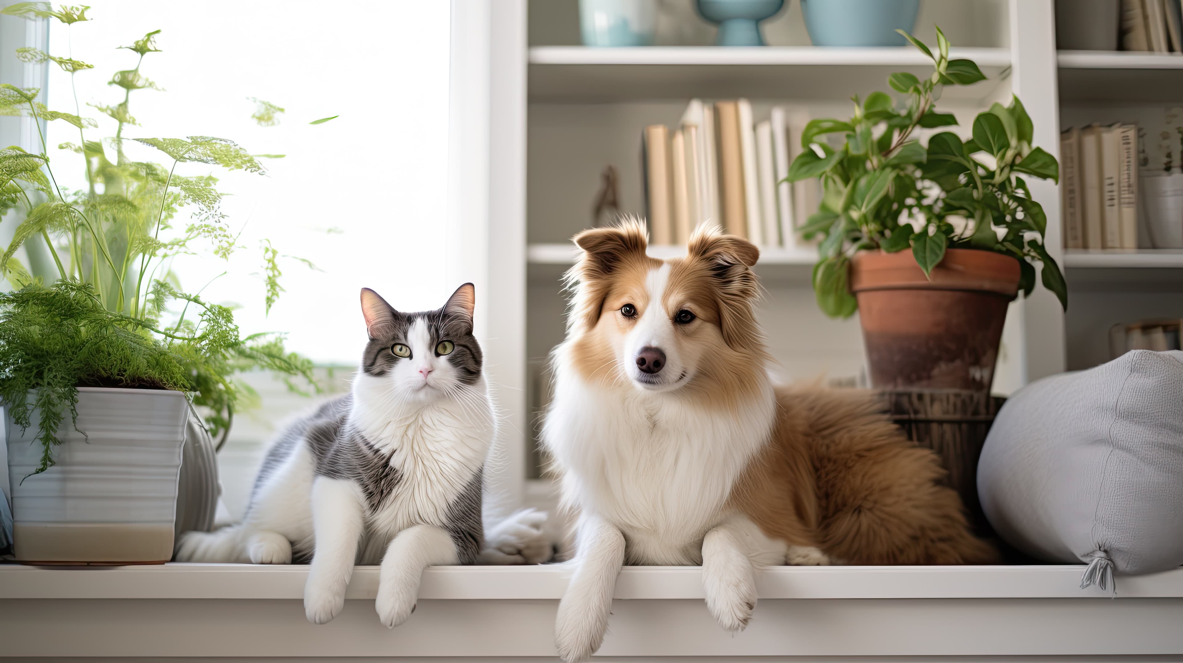Hund und Katze zwischen Blumen auf Fensterbank.