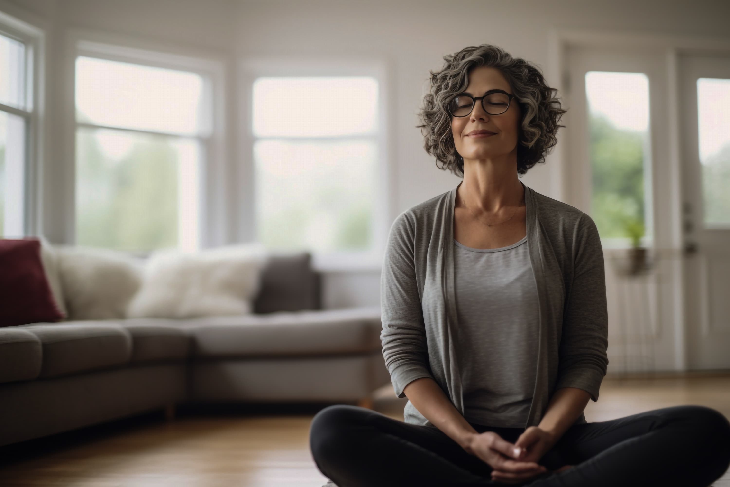 Eine ältere Frau im Schneidersitz.