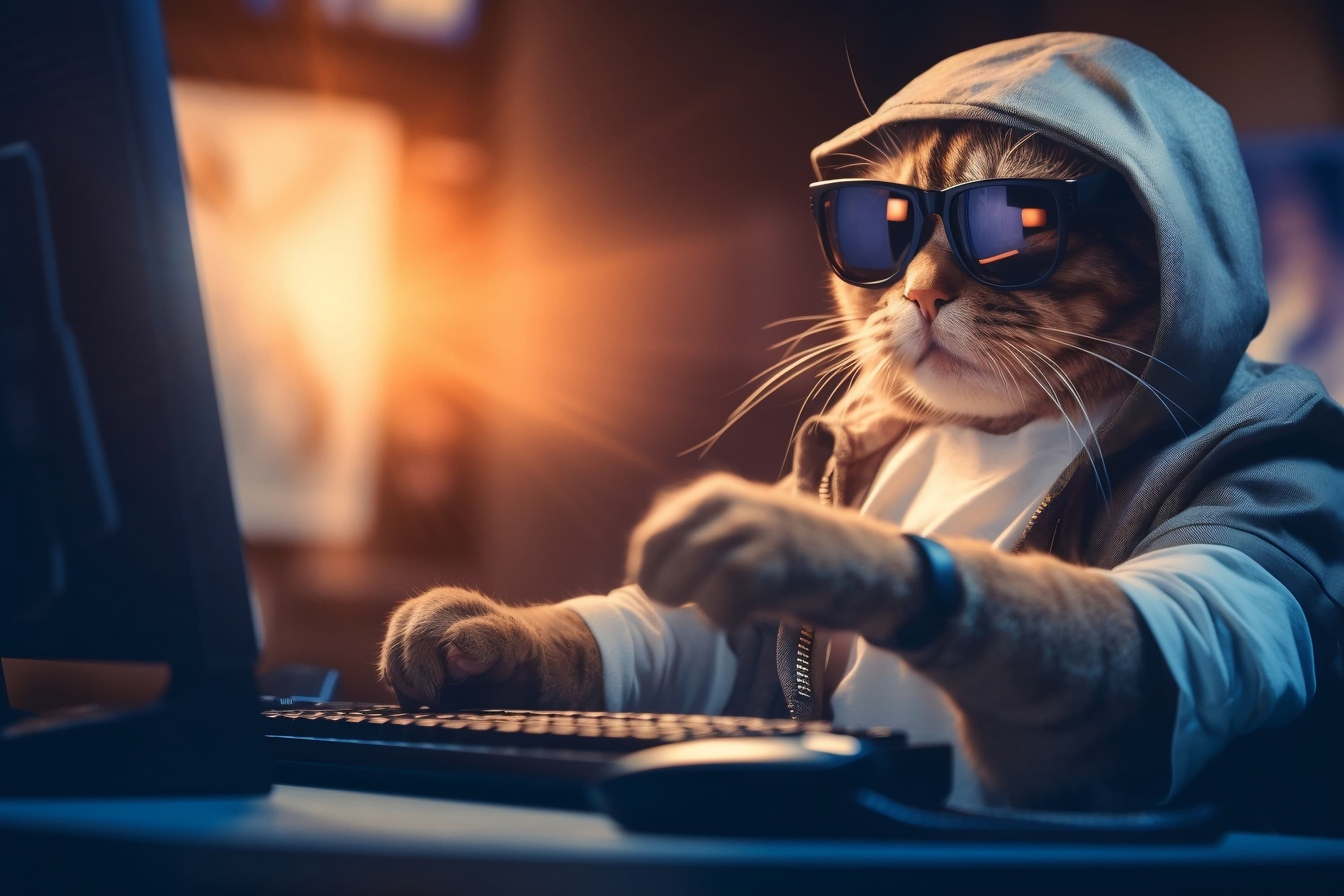 Eine Katze mit Kapuze, Uhr und Sonnenbrille am Computer.