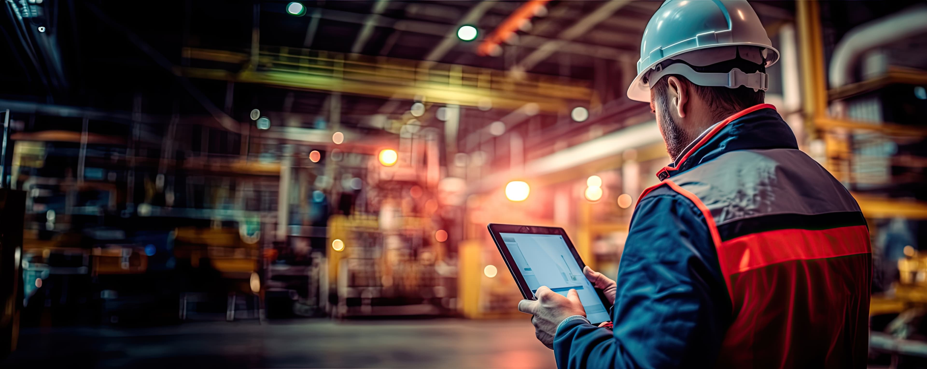 Mann mit Tablet und Sicherheitsausrüstung in Produktionshalle.