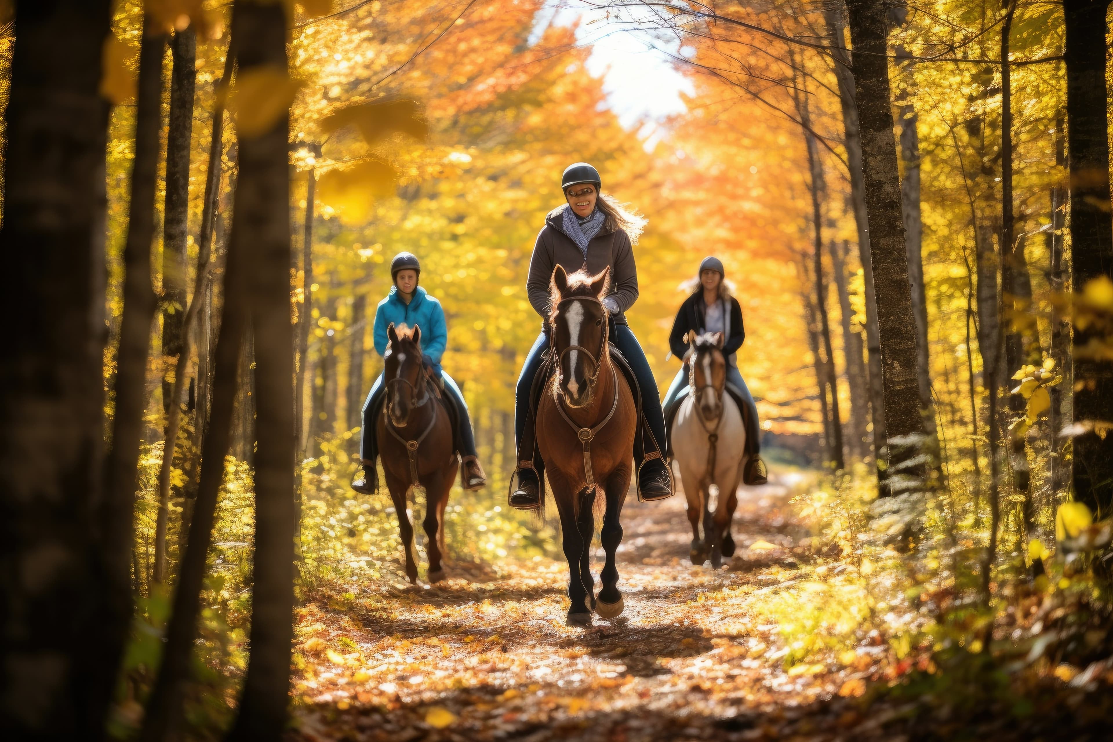 Drei Frauen auf Pferden in Wald.