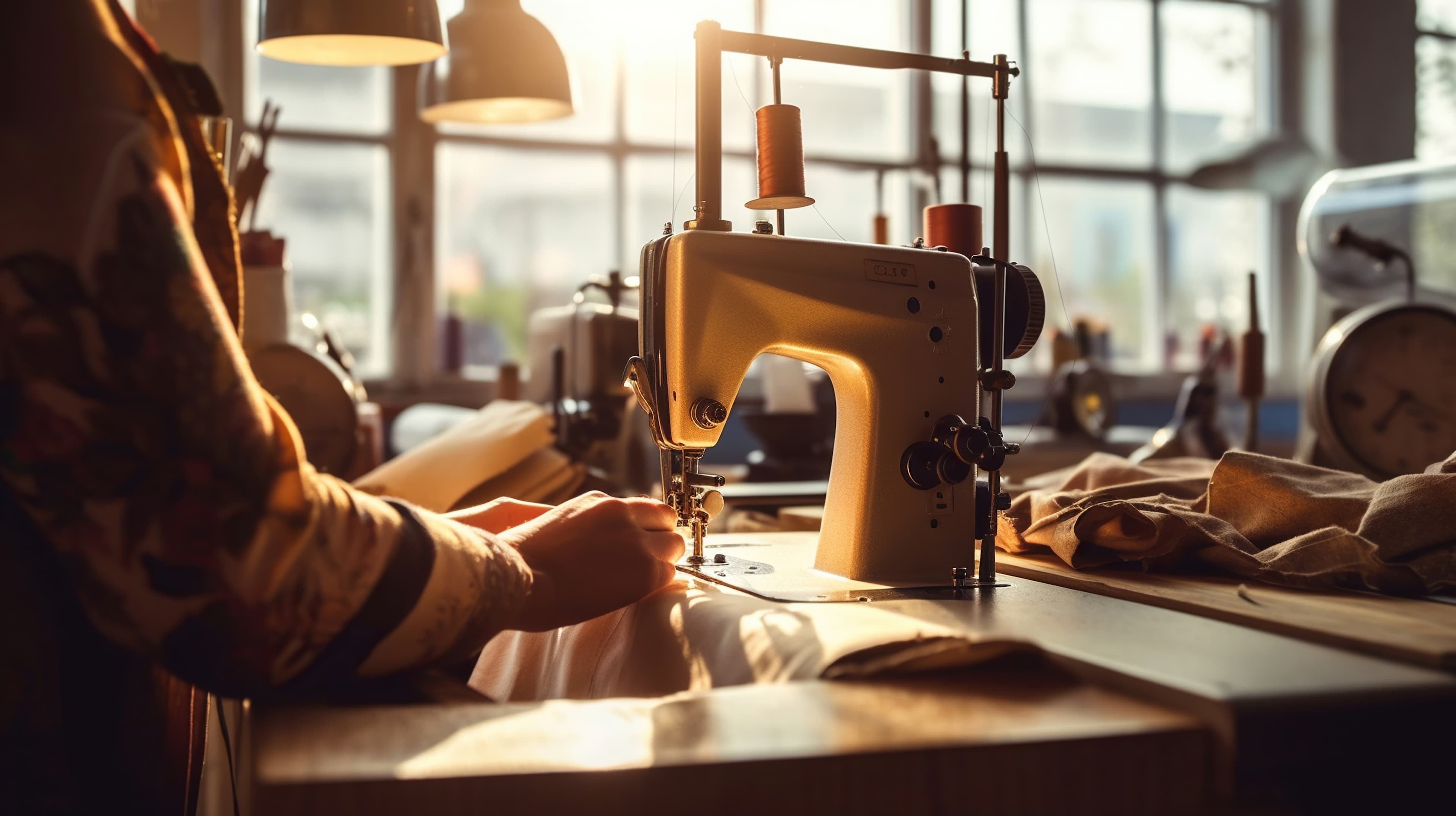 Frau an Nähmaschine.