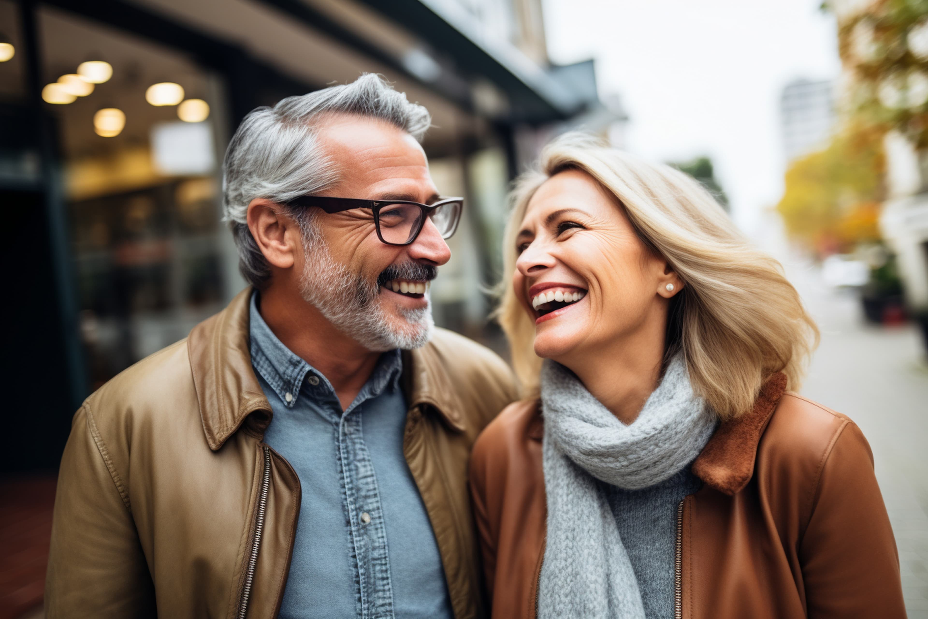Lachendes Ehepaar in Stadt.
