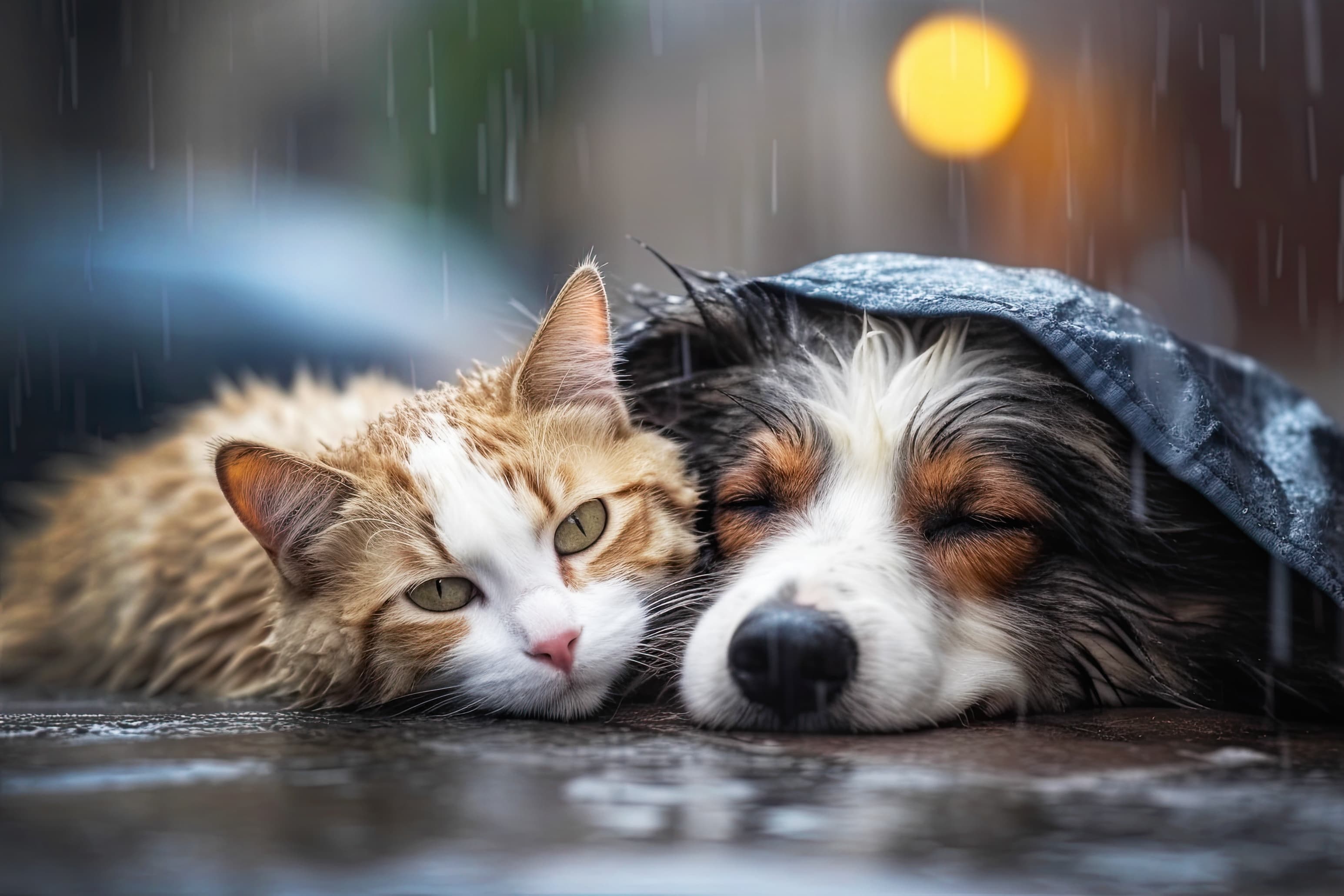 Hund mit Regencover und Katze in Regen.