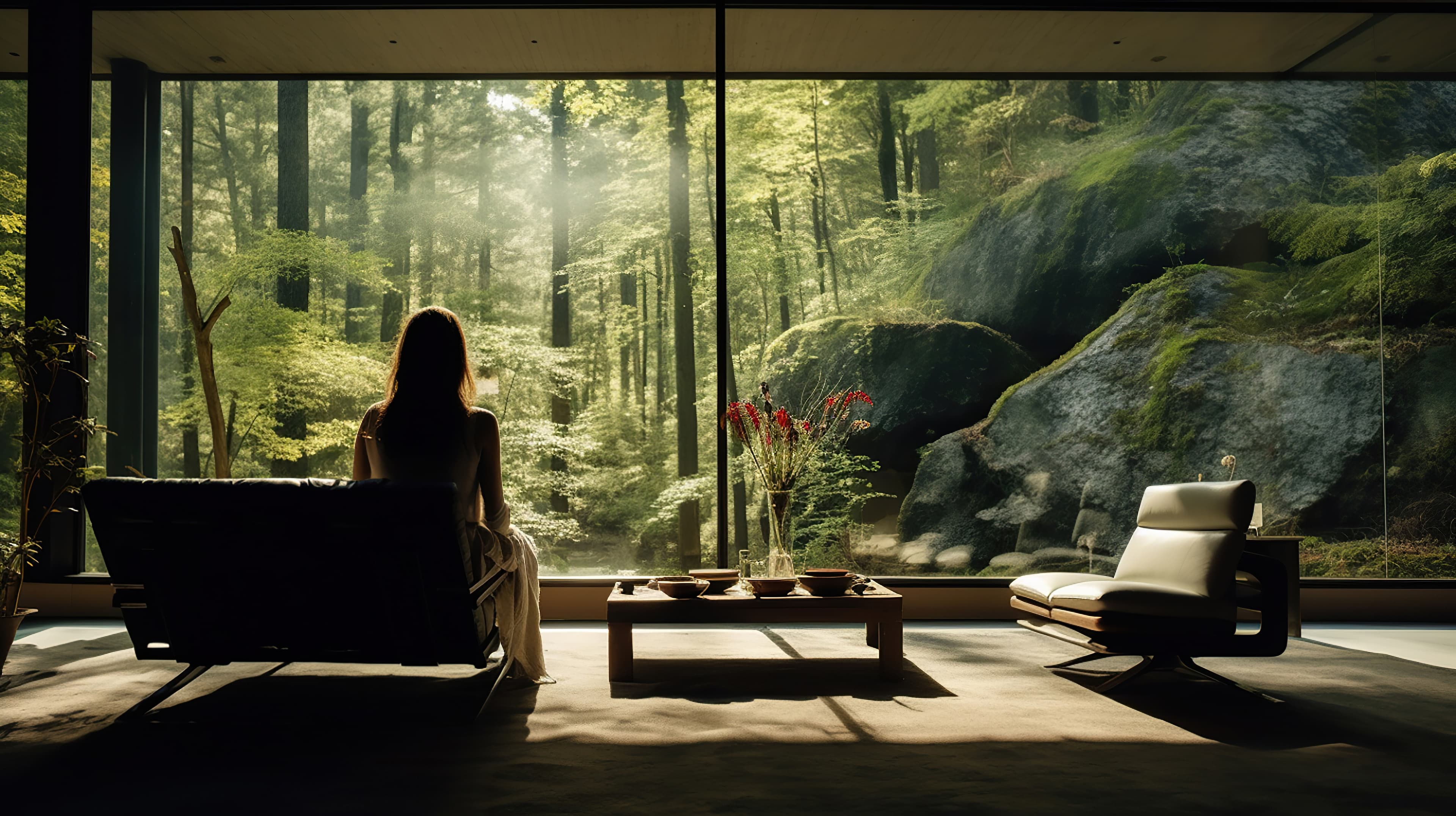 Frau sitzt auf Sofa und schaut durch eine Glasfront in den Wald.