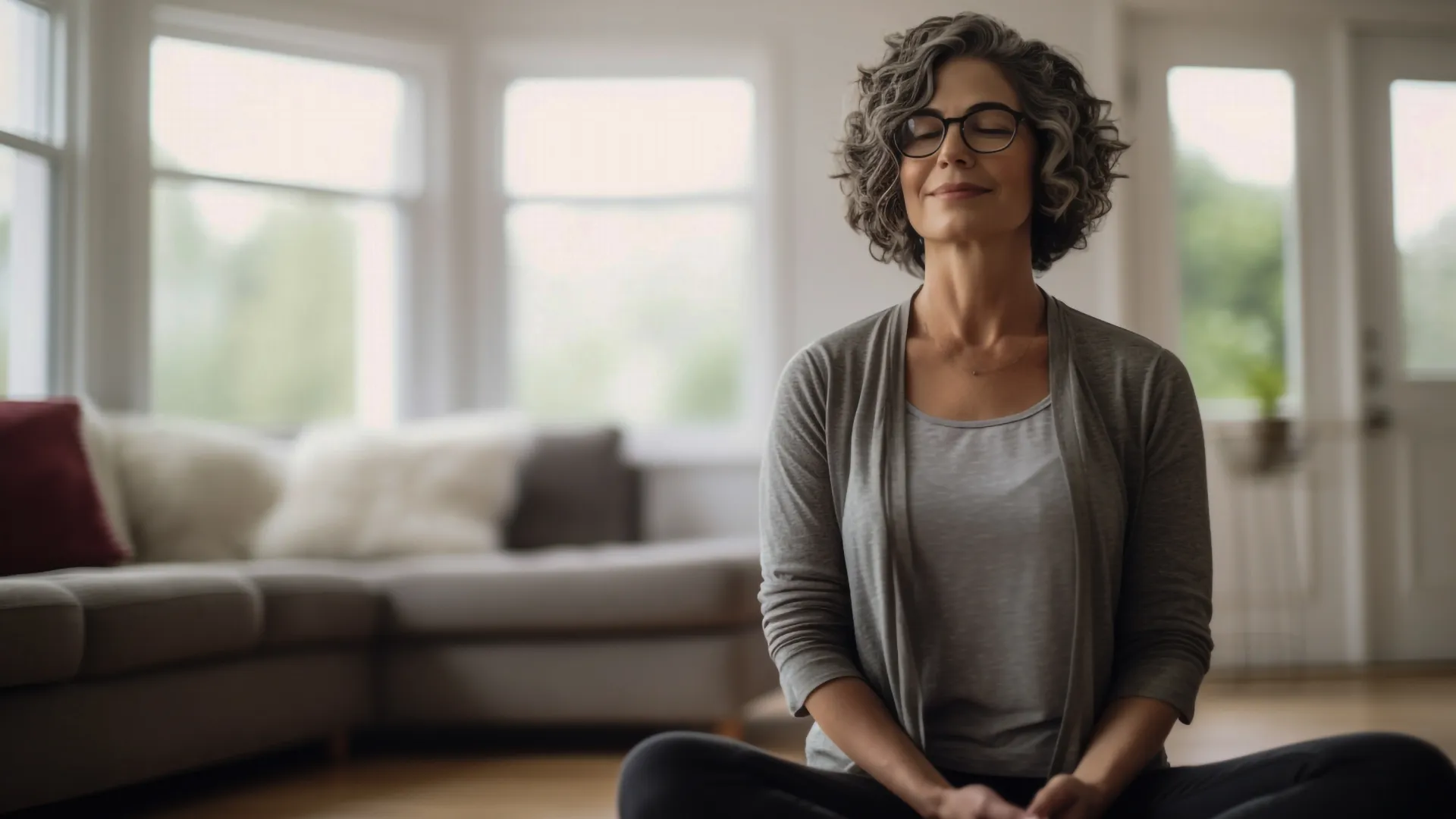 Eine ältere Frau im Schneidersitz.