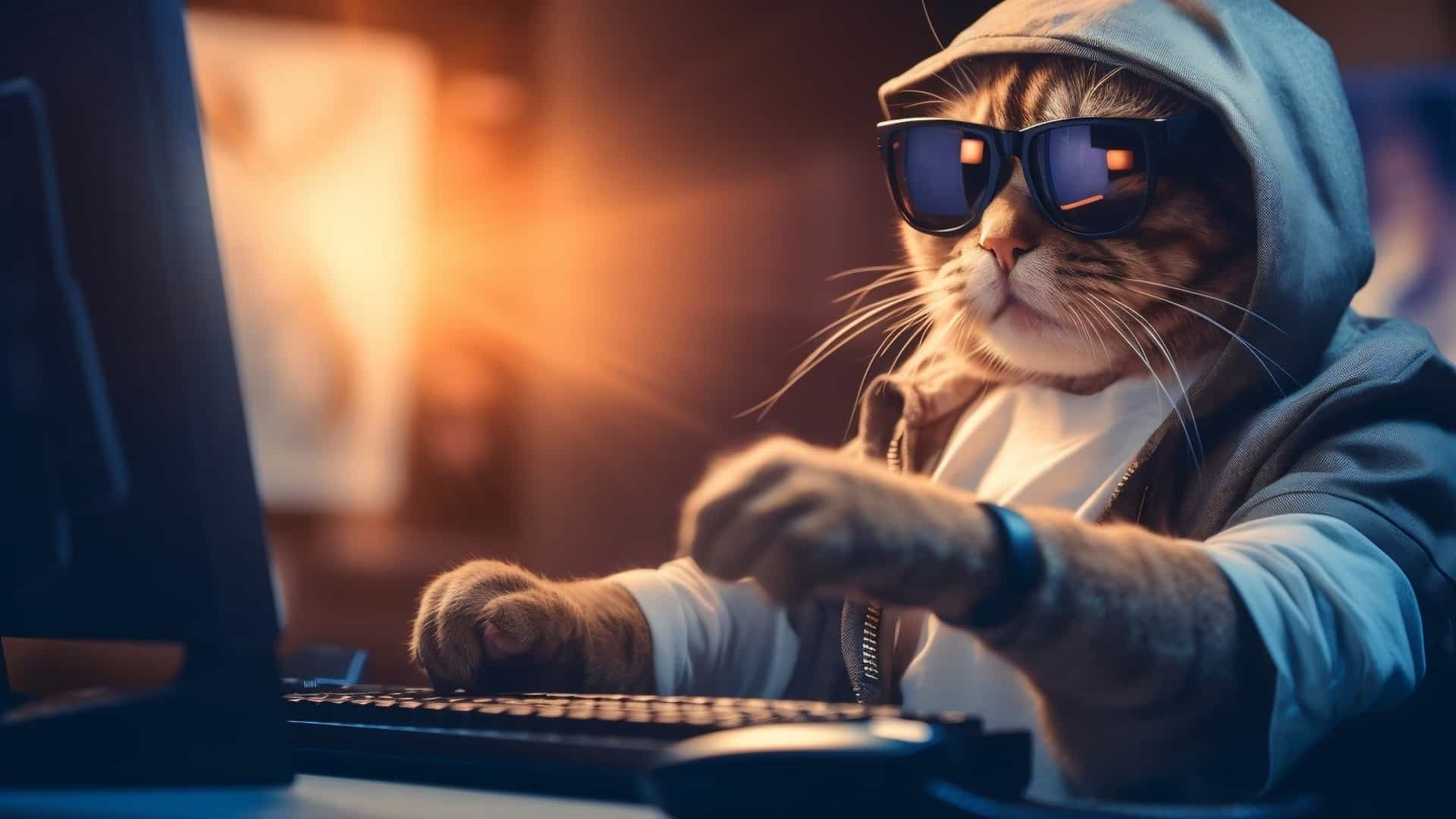 Eine Katze mit Kapuze, Uhr und Sonnenbrille am Computer.