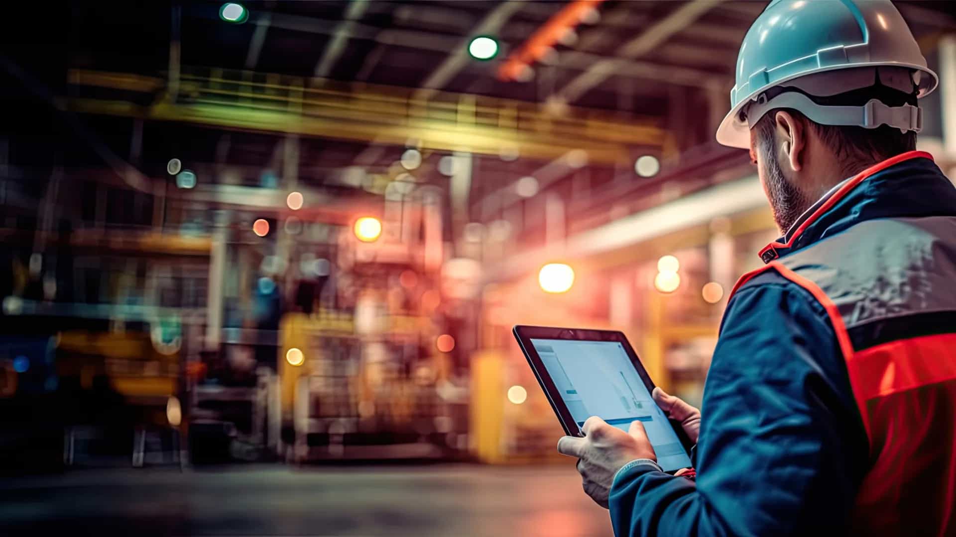 Mann mit Tablet und Sicherheitsausrüstung in Produktionshalle.