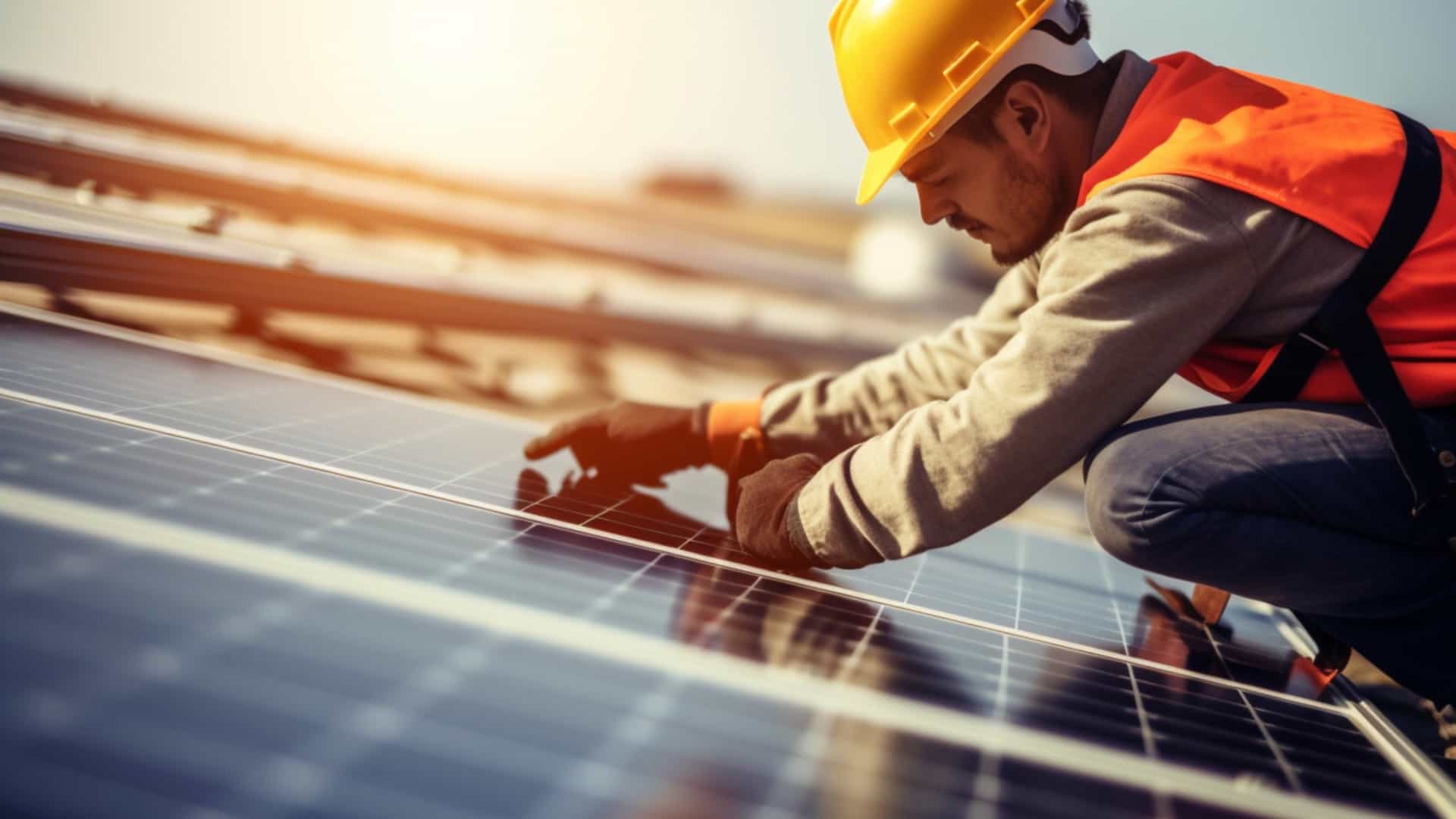 Mann mit Sicherheitsweste und Bauhelm am Montieren von Solarpanelen.